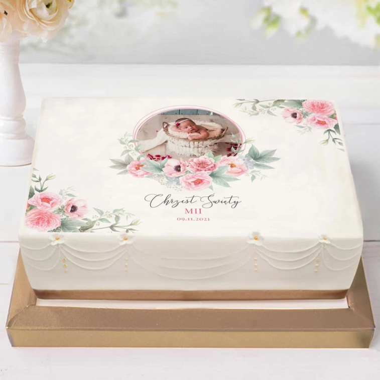 Opłatek na tort prostokąt chrzest różowe kwiaty zdjęcie